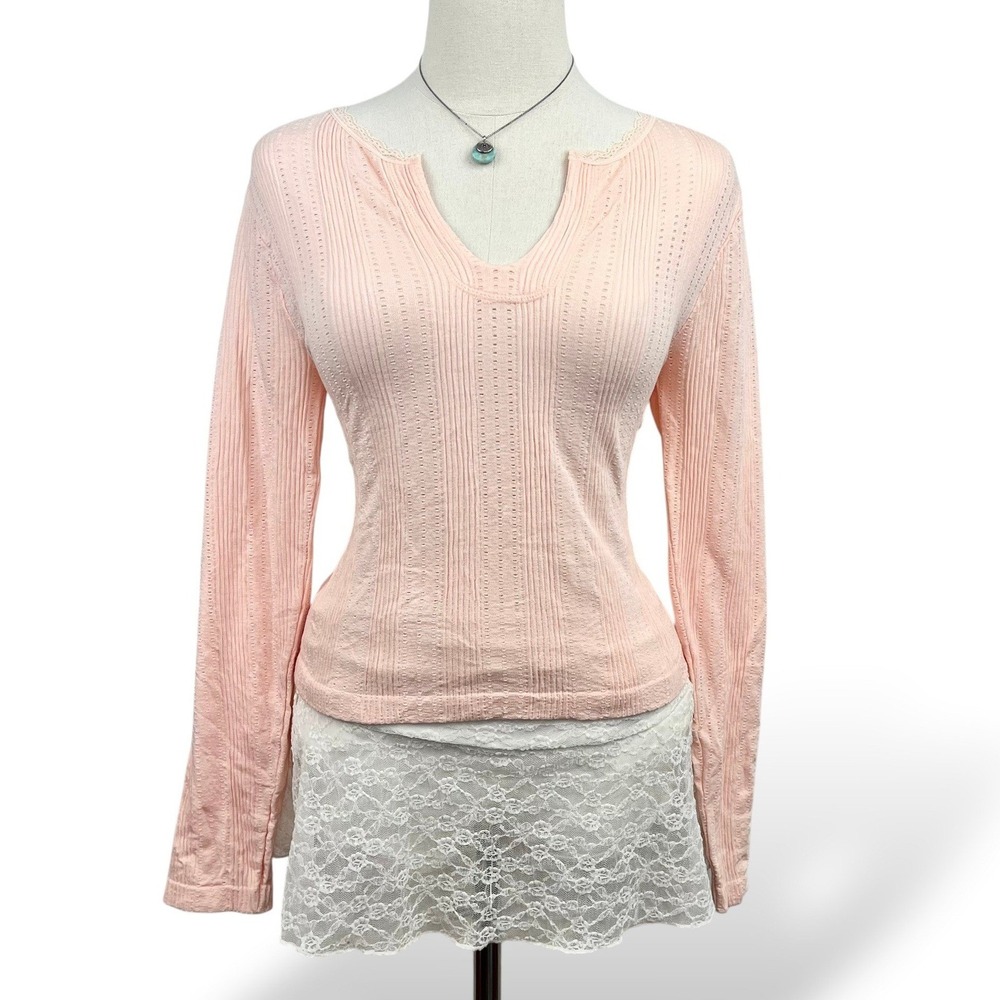 Gypsy & Jade Womens M Pink Pointelle Knit Top Stretch Fitted Soft Girl Coquette